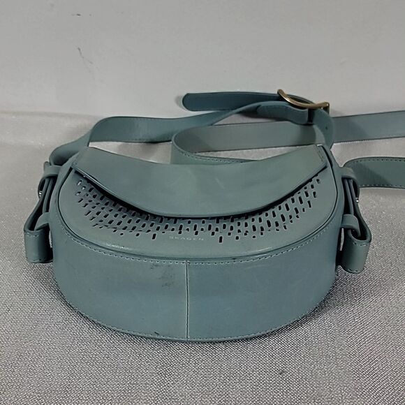 Skagen Lobelle SKY BLUE Mini Perforated Leather Saddle Bag Crossbody cut out - Picture 5 of 15